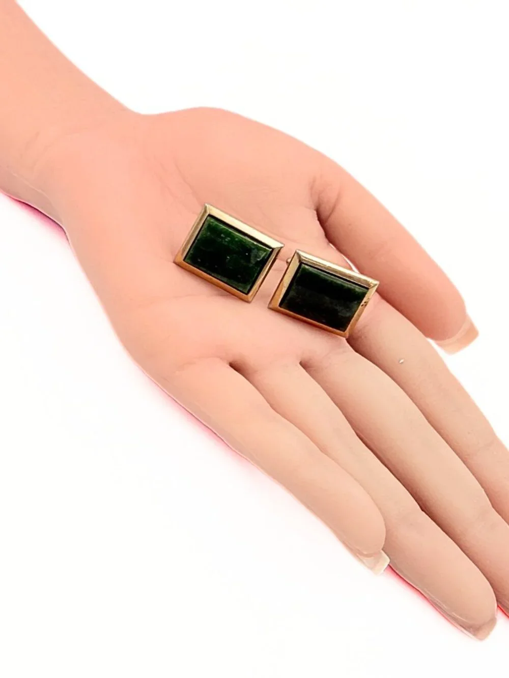 Handsome Hallmarked MCM Gold Plated Nephrite Jade Minimalist Cufflinks